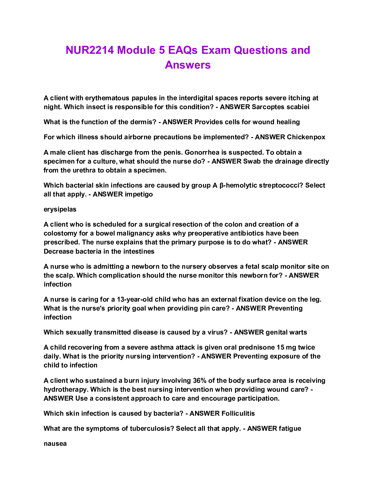 Preview image for NUR2214 Module 5 EAQs Exam Questions and Answers